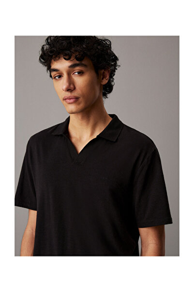 Calvin Klein Lněná bavlněná polokošile s kubánským límcem