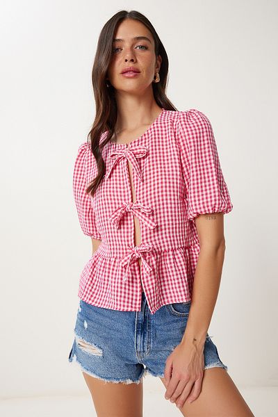 Happiness İstanbul Rosa karierte Damenbluse aus Leinen mit Schnürdetail TP00094