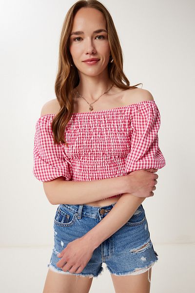 Happiness İstanbul Rosa karierte Carmen-Kragen-Bluse aus elastischem Crop-Leinen für Damen TP00079