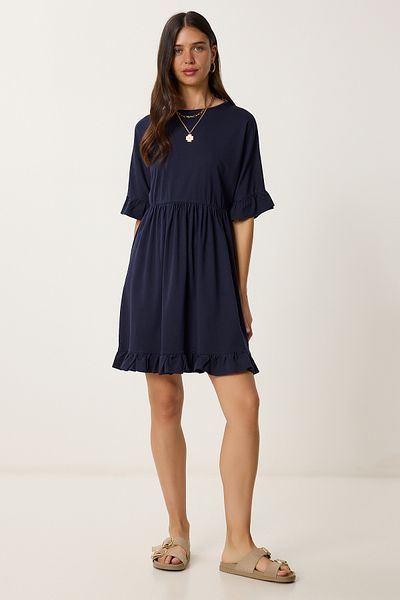 Happiness İstanbul Marineblaues Sommer-Strickkleid mit Volants für Damen RC00159