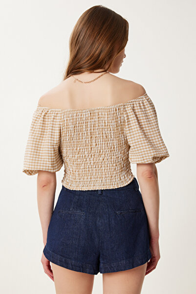 Happiness İstanbul Γυναικεία μπισκότα καρό Carmen γιακά ελαστική λινό μπλούζα TP00079