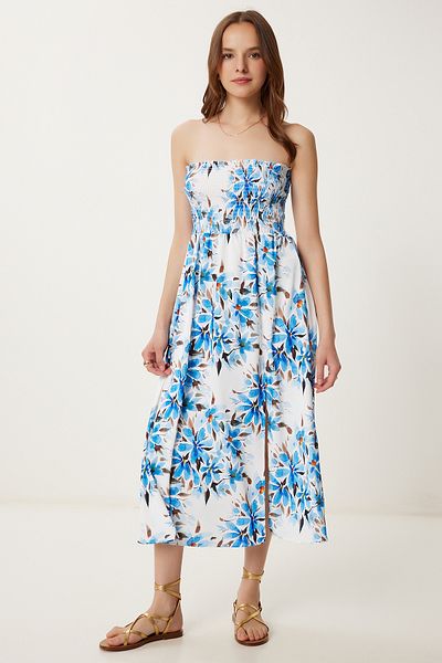 Happiness İstanbul Rochie de damă, albastră, cu model de flori, țesută fără bretele JH00057