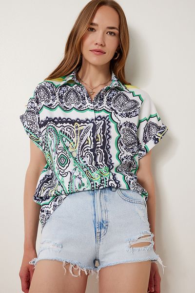 Happiness İstanbul Women's Black Green Patterned Draped Woven Shirt Tp00077