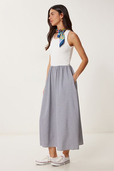 Happiness İstanbul Women's Navy Blue White Stretchy Knitted Top with Checkered Skirt Midi Dress Ci00120