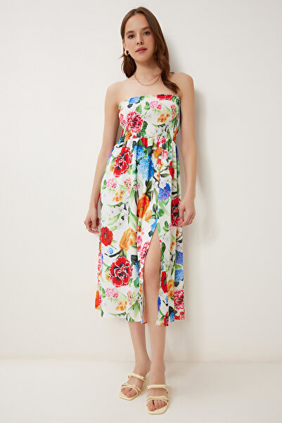 Happiness İstanbul Γυναικείο ροζ κοκάλινο φλοράλ μοτίβο στράπλες υφαντό φόρεμα JH00057