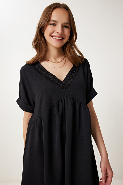 Happiness İstanbul Γυναικείο Μαύρο Καλοκαιρινό Φόρεμα Ayrobin με κορδόνια DD01354