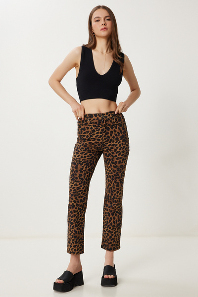 Happiness İstanbul Kadın Siyah Bej Leopar Desenli Gabardin Pantolon WF00125