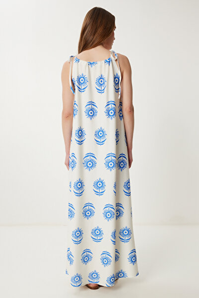 Happiness İstanbul Women's Cream Blue Patterned Summer Long Crinkle Dress Li00130