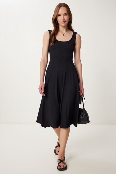 Happiness İstanbul Women's Black Strap Summer Ribbed Knitted Midi Dress Dz00127