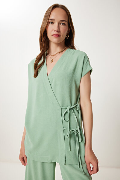 Happiness İstanbul Dámská zelená halenka s límečkem a kalhoty DD01355