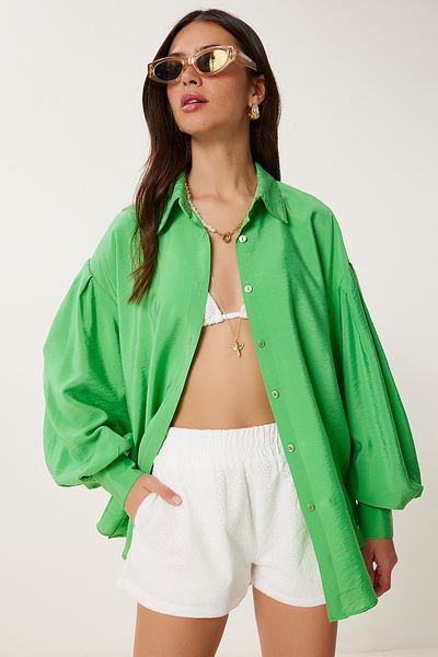 Happiness İstanbul Women's Green Oversize Flowy Ayrobin Shirt Wf00129