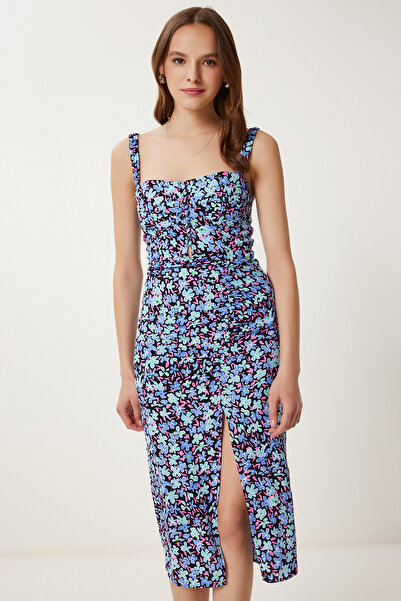 Happiness İstanbul Dámské modré černé vzorované viskózové šaty s ramínky FG00027