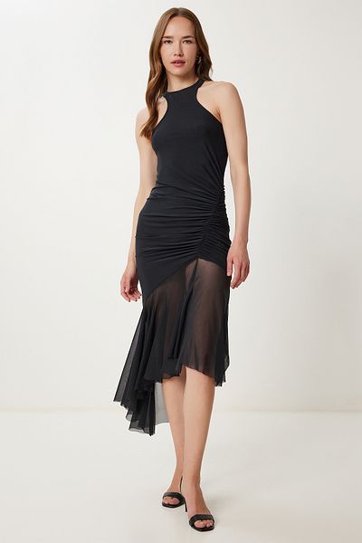 Happiness İstanbul Women's Black Asymmetrical Gathered Tulle Dress Vw00002