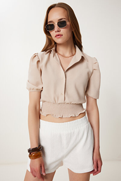 Happiness İstanbul Dámská béžová lněná halenka s balonovým rukávem TP00081