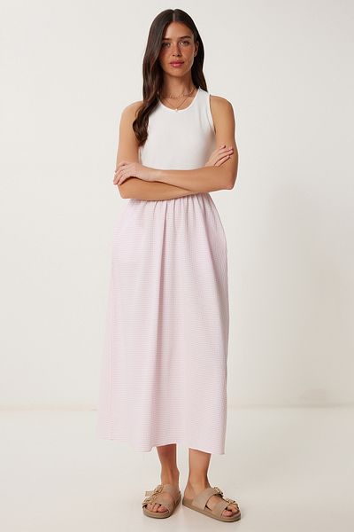 Happiness İstanbul Women's Pink White Stretchy Knitted Top with Checkered Skirt Midi Dress Ci00120