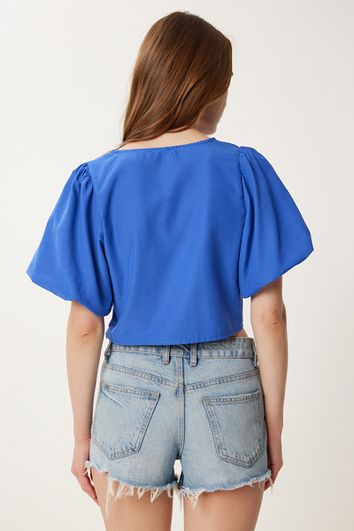 Happiness İstanbul Bluză de damă albastră cu mâneci balon brodate din poplin TP00082