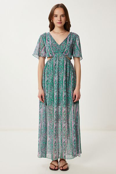 Happiness İstanbul Women Green Pink Patterned Cut Out Detail Chiffon Dress Fg00032