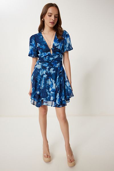 Happiness İstanbul Women Navy Blue Patterned Summer Mini Chiffon Dress Fg00026