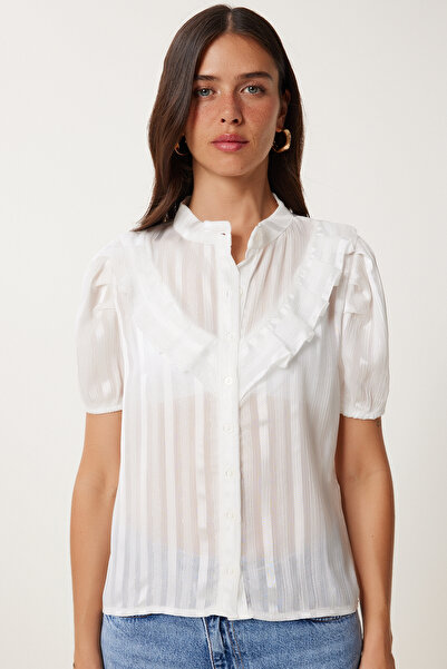 Happiness İstanbul Γυναικείο πουκάμισο σιφόν με λευκό μπαλόνι με μανίκια TP00098