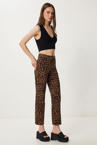 Happiness İstanbul Women's Black Beige Leopard Patterned Gabardine Trousers Wf00125