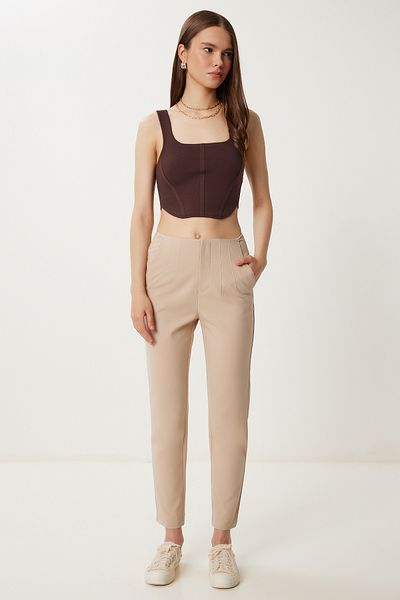 Happiness İstanbul Women's Beige High Waist Woven Trousers Wf00151