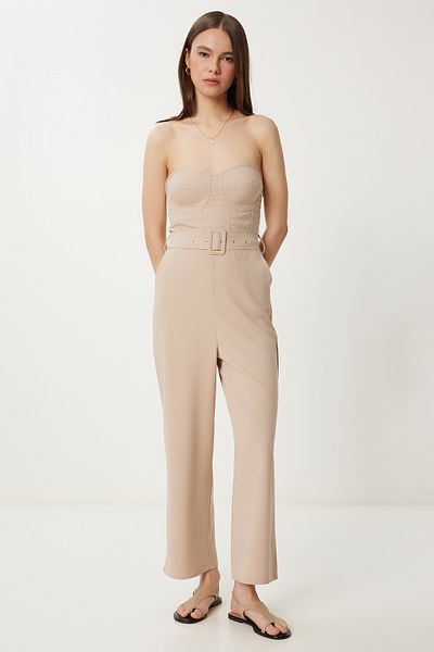 Happiness İstanbul Women's Beige Strapless Belted Woven Jumpsuit Wf00149