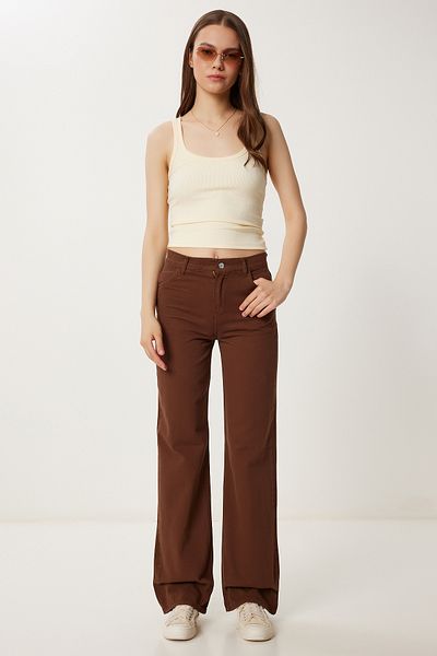 Happiness İstanbul Women's Brown Wide Leg Pocket Gabardine Trousers Wf00123