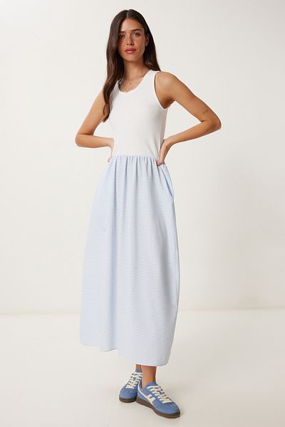 Happiness İstanbul Rochie midi pentru femei, albastru cer, alb, elastic, tricotat, cu fustă în carouri CI00120