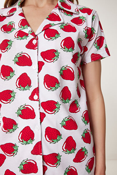 Happiness İstanbul Γυναικείο πουκάμισο λευκής με κόκκινο σχέδιο και παντελόνι πιτζάμας FP00010