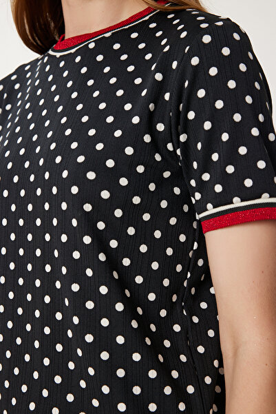 Happiness İstanbul Γυναικεία Μαύρη Εκρού Πλεκτή Εύκαμπτη Μπλούζα TP00078