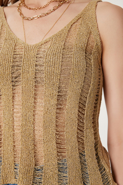 Happiness İstanbul Γυναικεία Μπεζ λουράκι διάτρητη καλοκαιρινή πλεκτή μπλούζα MT00158