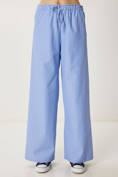 Happiness İstanbul Women's Blue Striped Wide Leg Summer Trousers Pb00035