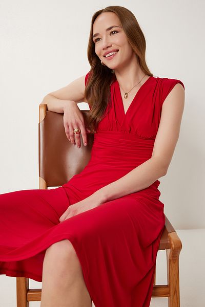 Happiness İstanbul Women's Red Padded Draped Sandy Midi Dress Li00129