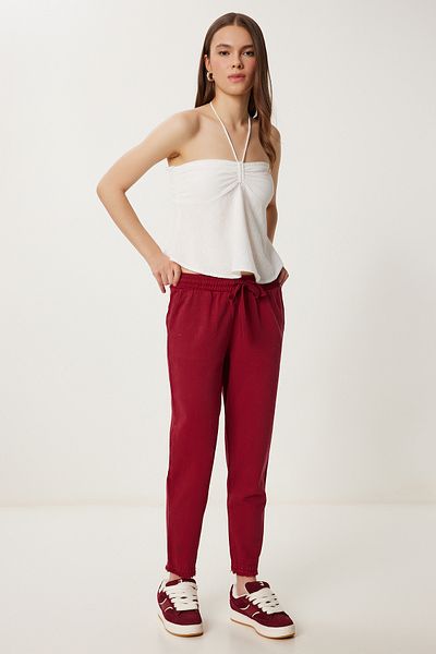 Happiness İstanbul Burgunderrote Gabardine-Hose mit Taschen für Damen WF00113