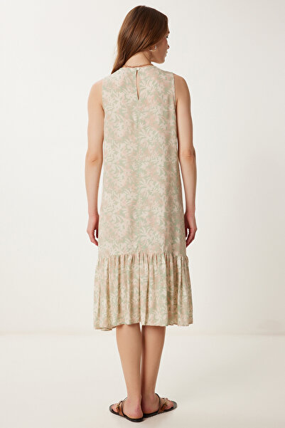 Happiness İstanbul Γυναικείο πράσινο αμάνικο φόρεμα με μοτίβο βισκόζης VW00001