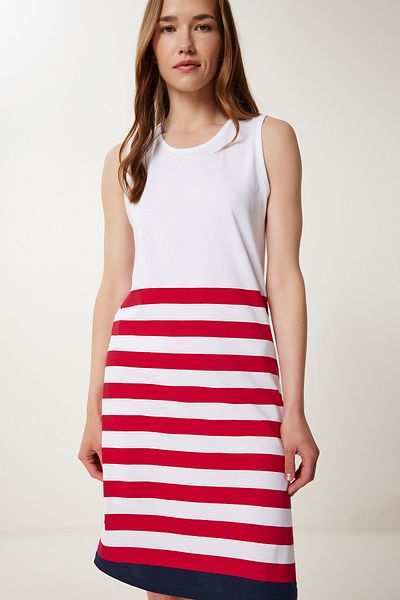 Happiness İstanbul Women's White Red Striped Sleeveless Stretchy Knitted Nightgown Fp00012