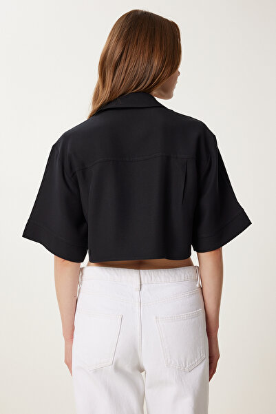 Happiness İstanbul Γυναικείο μαύρο πουκάμισο με λεπτομέρεια τσέπης VW00003