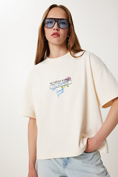 Happiness İstanbul Women's Cream Printed Cotton Knitted T-Shirt Ub00399