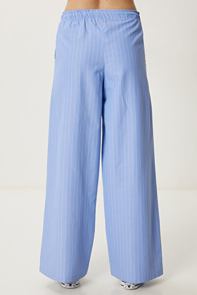 Happiness İstanbul Pantaloni de vară cu picioare largi cu dungi albastre pentru femei PB00035