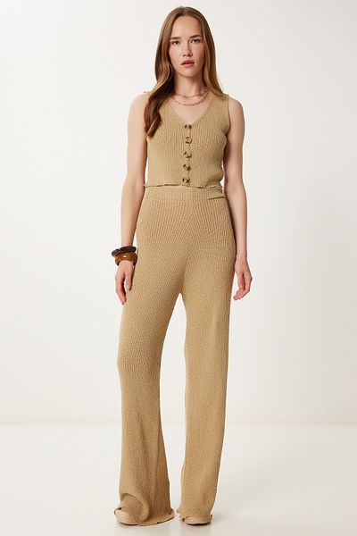 Happiness İstanbul Women's Beige Stylish Buttoned Flexible Knitwear Vest Trousers Set Mt00159