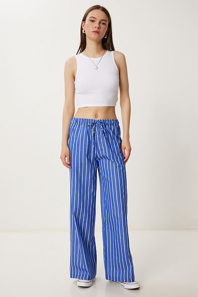 Happiness İstanbul Dunkelblau gestreifte Damenhose mit weitem Bein für den Sommer PB00035