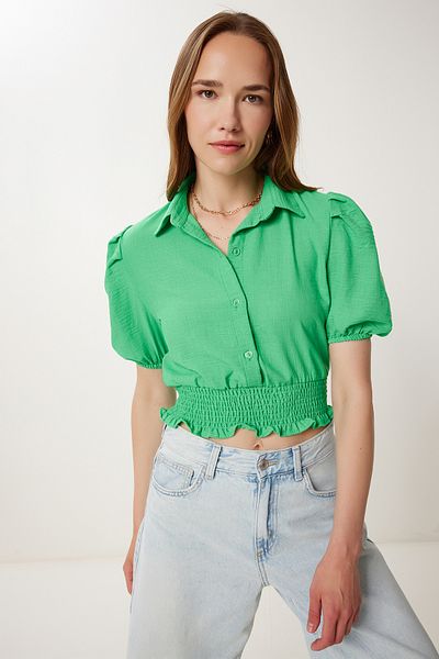 Happiness İstanbul Women Dark Green Balloon Sleeve Linen Crop Shirt Blouse Tp00081