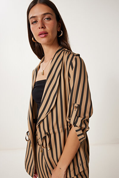 Happiness İstanbul Women's Beige Black Striped Woven Jacket Pants Suit Wf00120