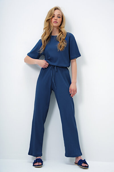 Trend Alaçatı Stili Női indigókék nyakú, rövid ujjú póló és nadrág szett ALC-X14069