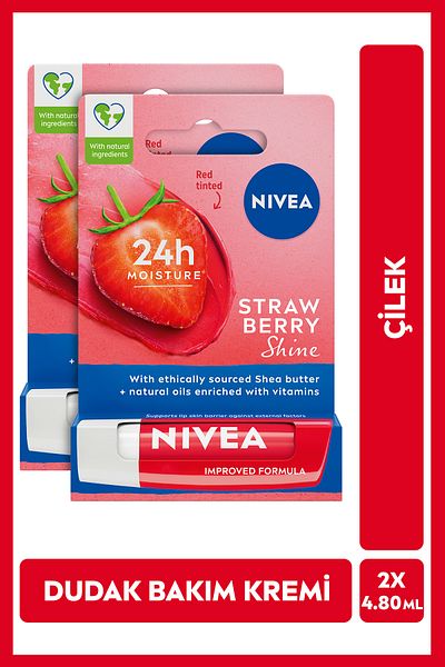 NIVEA 4.8Gr Lip Care Cream and Shine - Strawberry Fragrance, Moisturizer, Light Red Radiance X2Pcs