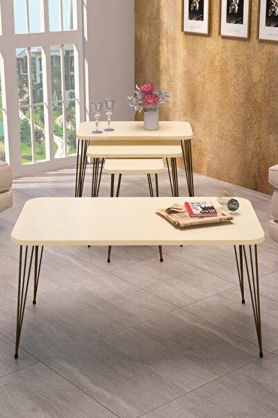 GOLDFALEZ Zigon Sehpa Kr Ve Orta Sehpa Kr Set Siyah Ayak Krem Tel 1100