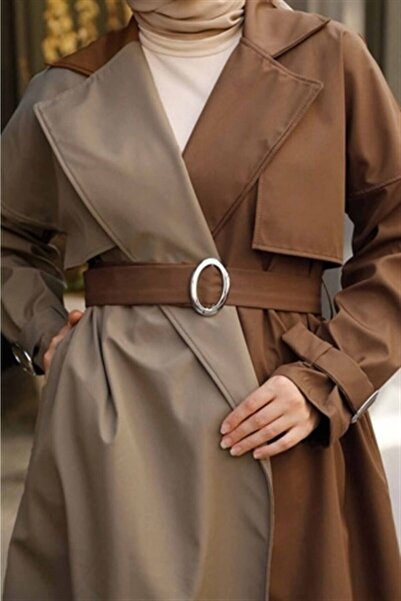 Moda Pery Kadın Modest Su Geçirmez Çift Renkli Tesettür Basic Mevsimlik Trençkot 10016 Vizon Taba