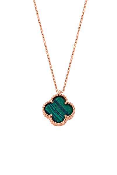 AcestesDesign 925 Ayar Gümüş Yeşil Doğal Taşlı Yonca Şans Tasarım Gümüş Kolye