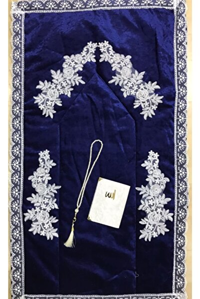 Lamazihome 3 Parça Lacivert Kadife Kumaş Seccade Seti Fransız Güpürlü