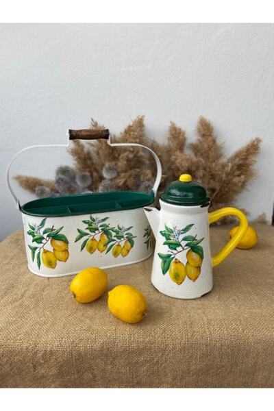 Handmadesign مطبخ ليمون - طقم نزهة (سلة متعددة الأغراض مجلفنة - إبريق سيراميك)